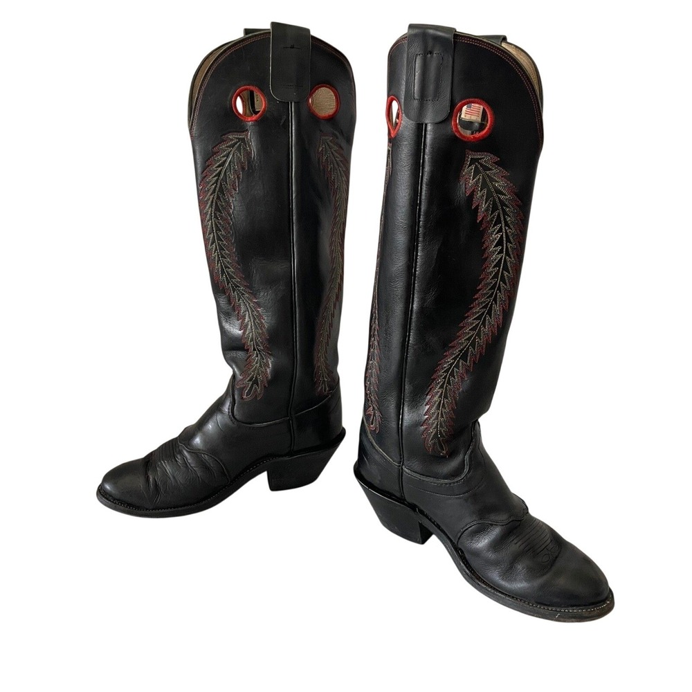 Olathe VTG USA Made Black Leather Cowboy Boots Feather Embroidery Mens 9.5